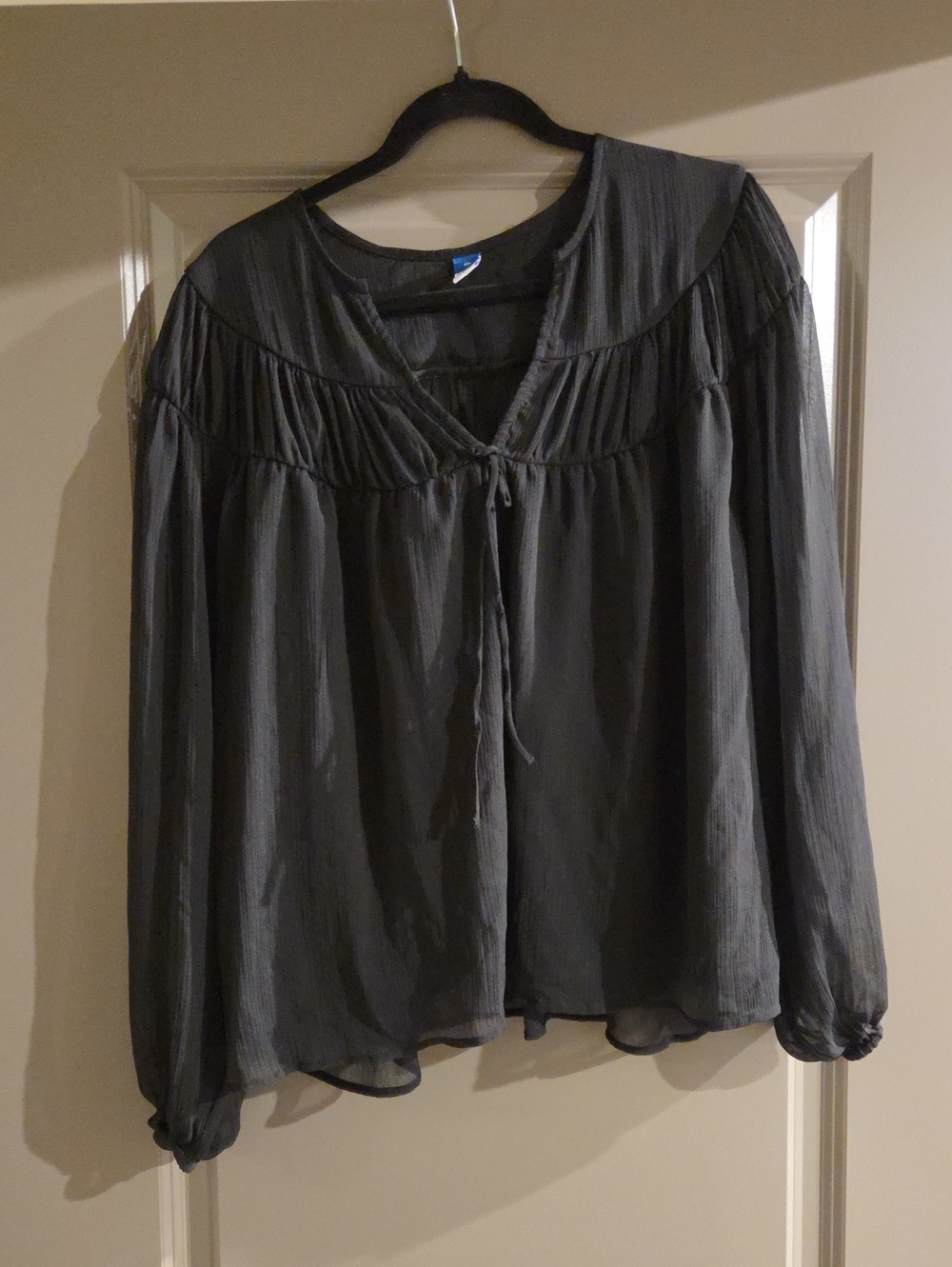 Old Navy Charcoal Gray Peasant Blouse with Tie Front